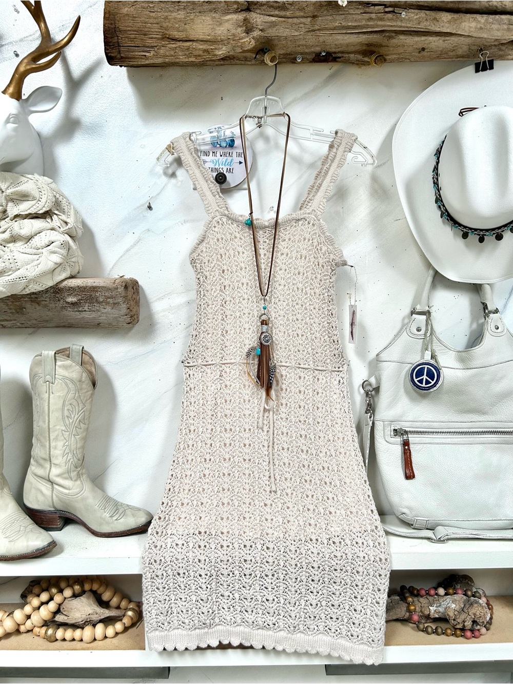 Sleeveless Crochet Knit Tank Dress in Cream